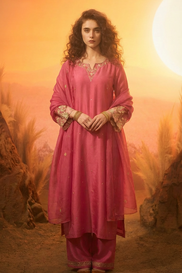 SIMRAN Silk Blend Embroidered Palazzo Suit Set AI front 3