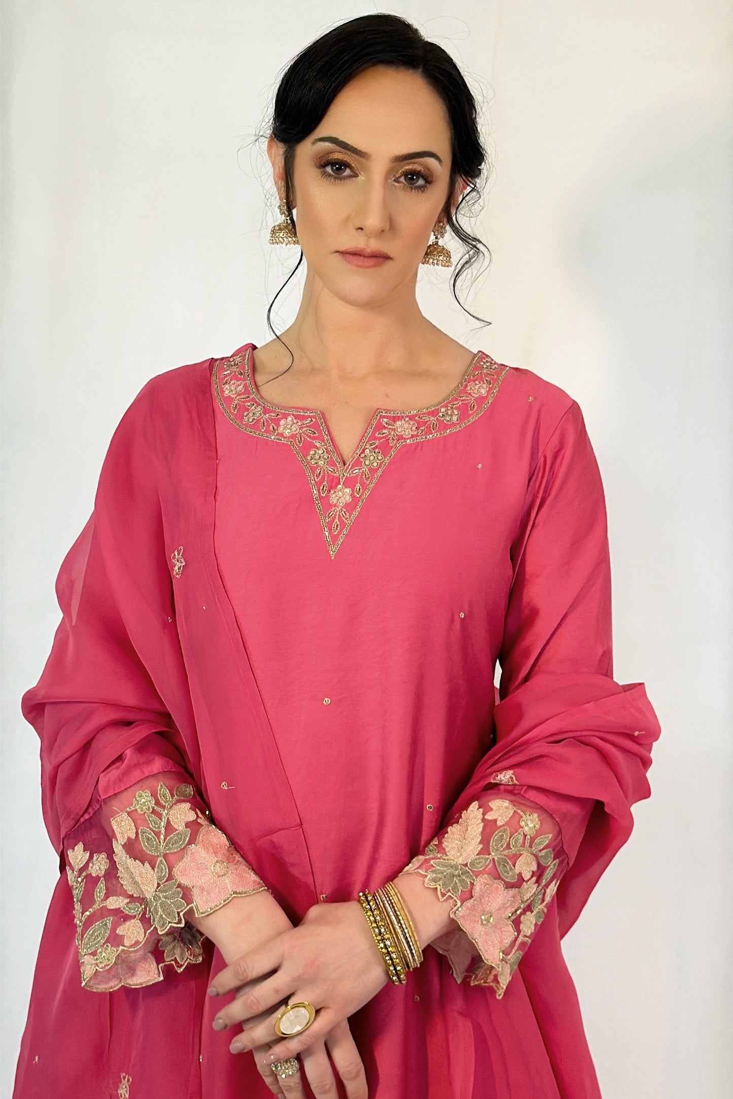 SIMRAN Silk Blend Embroidered Palazzo Suit Set  close up 
