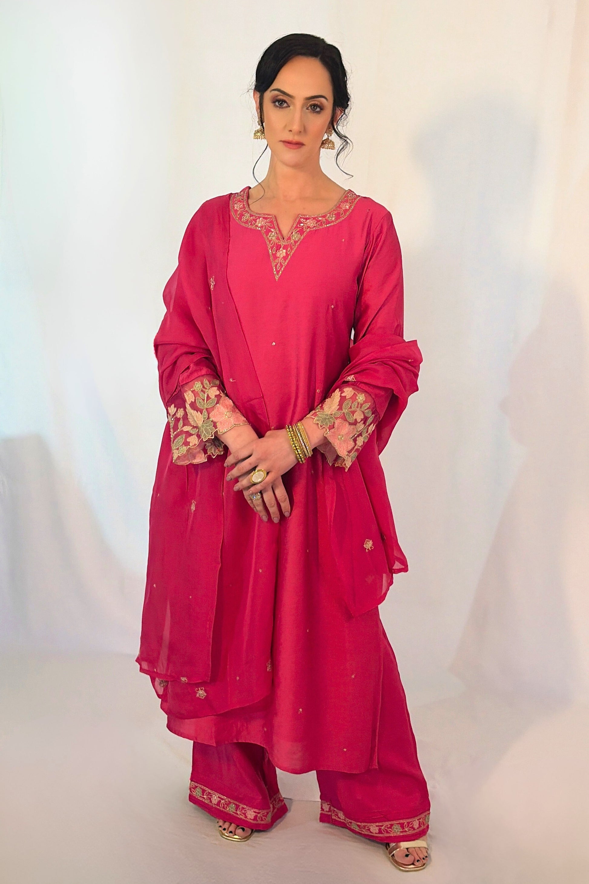 SIMRAN Silk Blend Embroidered Palazzo Suit Set  front 