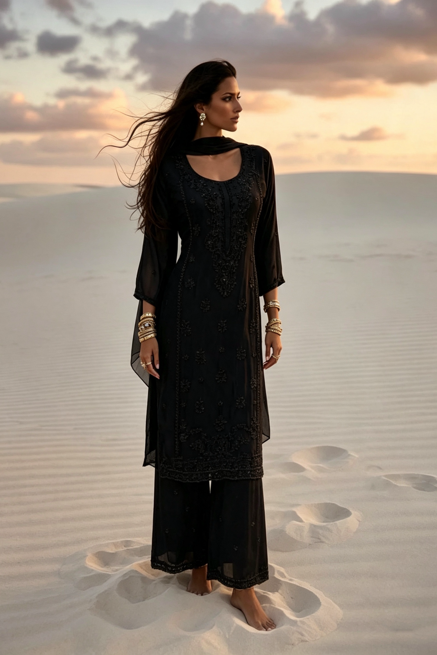 Sara Black Silk Blend Hand embellished  Kurta Palazzo Set  AI Standing  pose 2