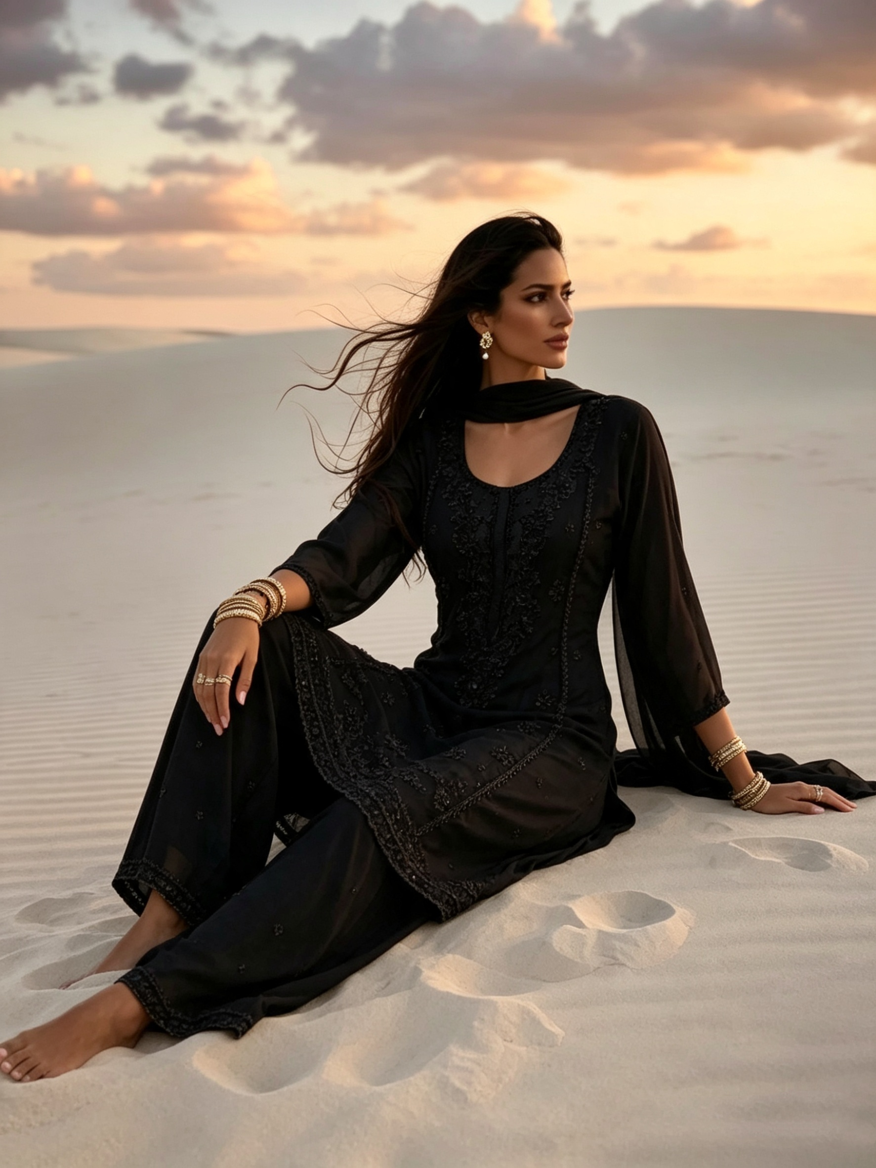 Sara Black Silk Blend Hand embellished  Kurta Palazzo Set  AI sitting pose 2