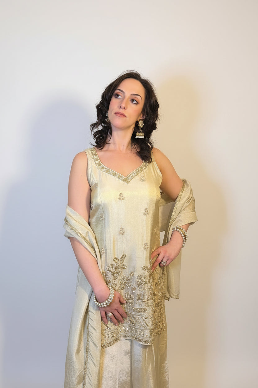 VERA Champagne Gold Embroidered Three Piece Set Front Close Up