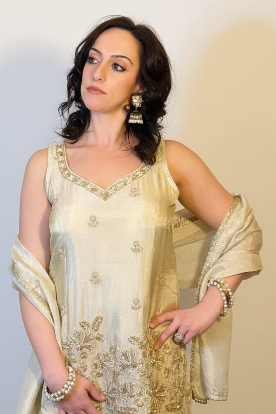 VERA Champagne Gold Embroidered Three Piece Set Full Close Up