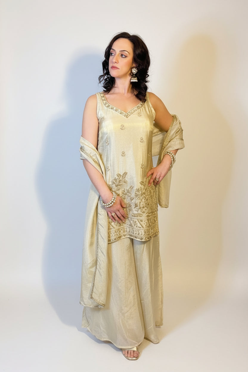 VERA Champagne Gold Embroidered Three Piece Set Full Front