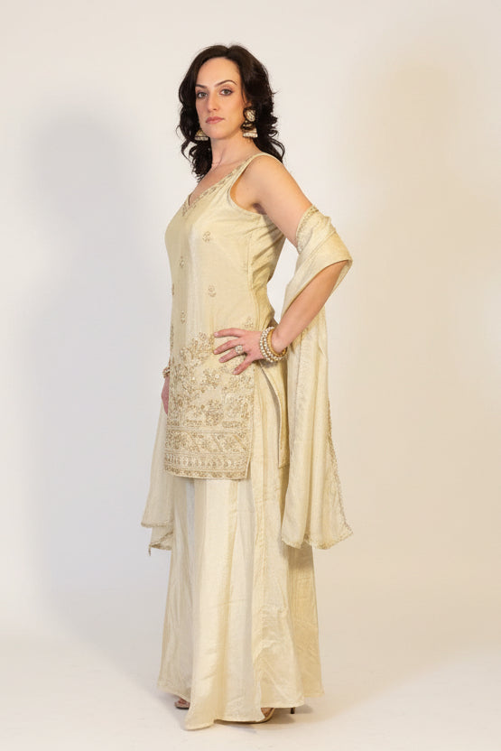 VERA Champagne Gold Embroidered Three Piece Set Side