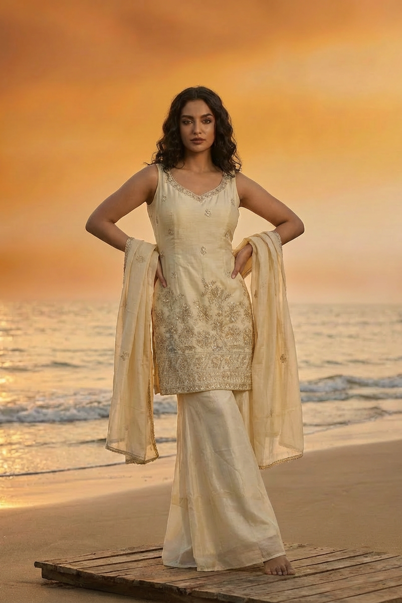 VERA Champagne Gold Embroidered Three Piece Set front 