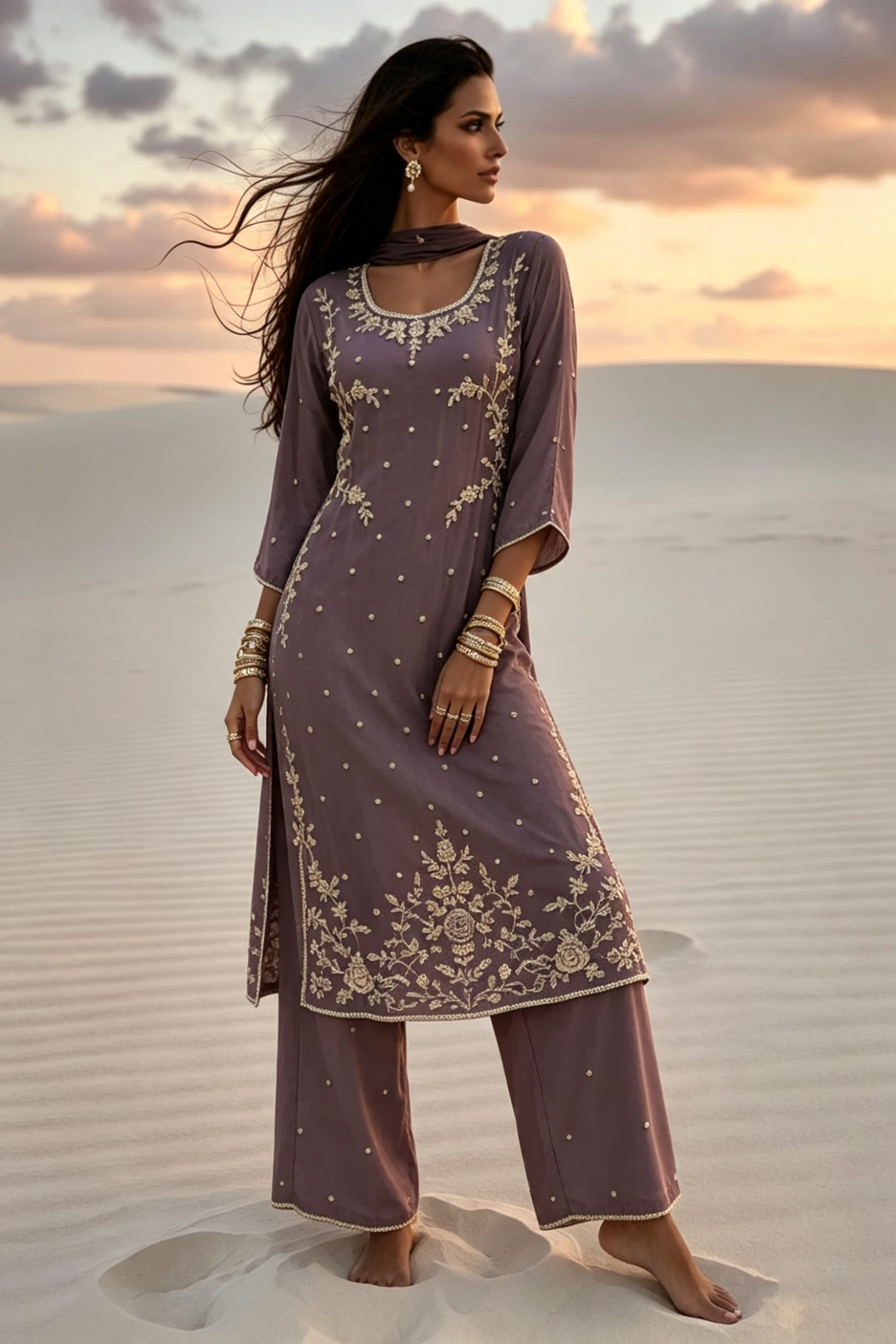 Yusra Mauve Silk Blend Hand embellished  Kurta Palazzo Set