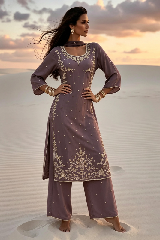 Yusra Mauve Silk Blend Hand embellished  Kurta Palazzo Set AI image 