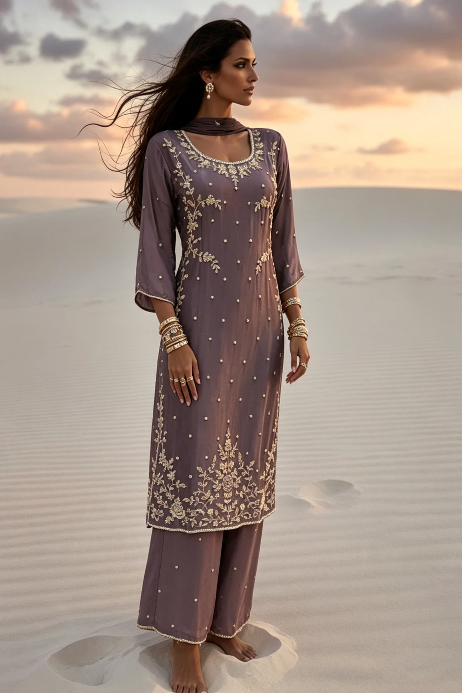 Yusra Mauve Silk Blend Hand embellished  Kurta Palazzo Set AI image standing