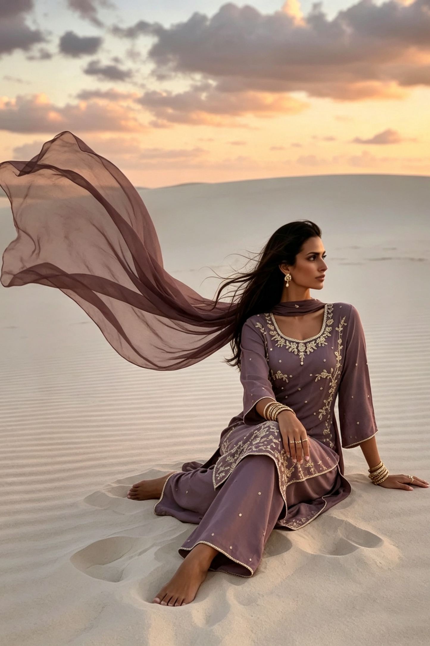 Yusra Mauve Silk Blend Hand embellished  Kurta Palazzo Set dupatta floating 