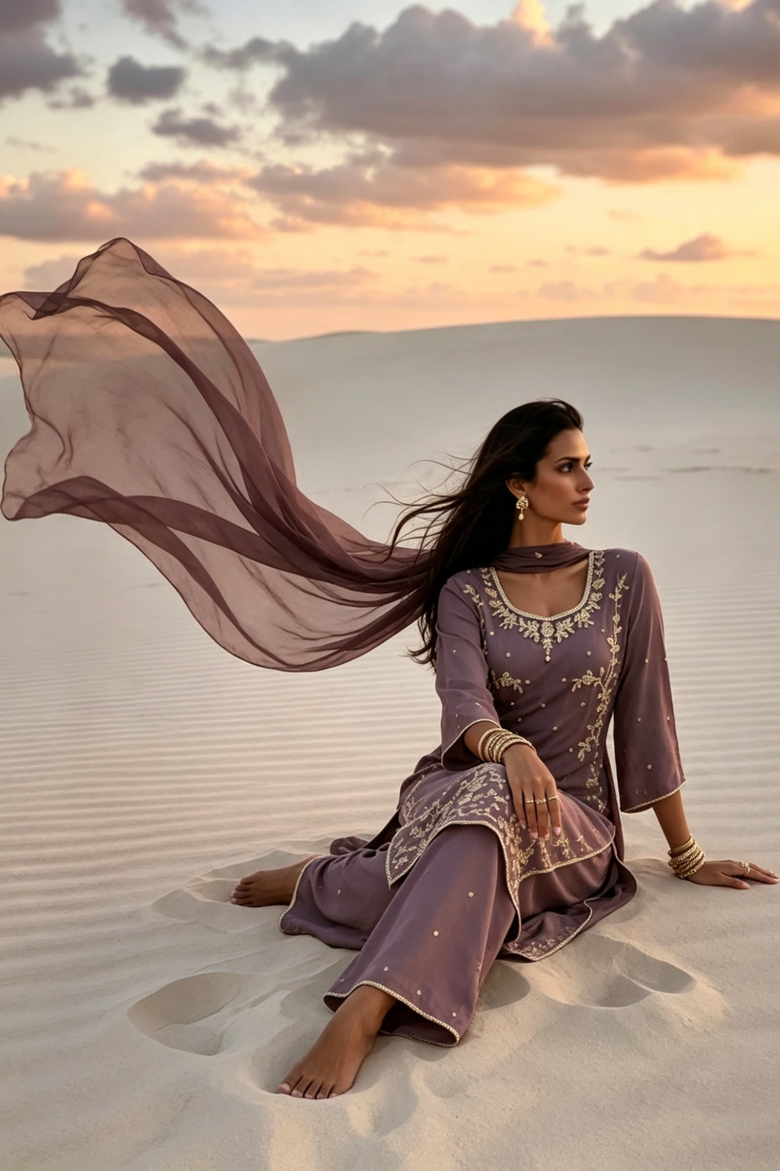 Yusra Mauve Silk Blend Hand embellished  Kurta Palazzo Set dupatta floating 