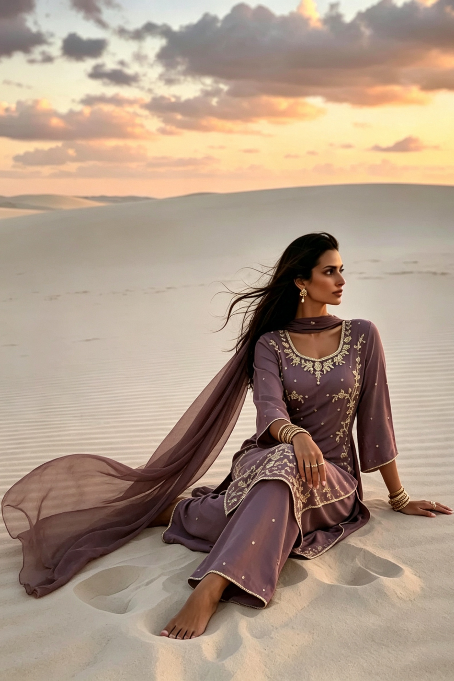 Yusra Mauve Silk Blend Hand embellished  Kurta Palazzo Set dupatta floating 1