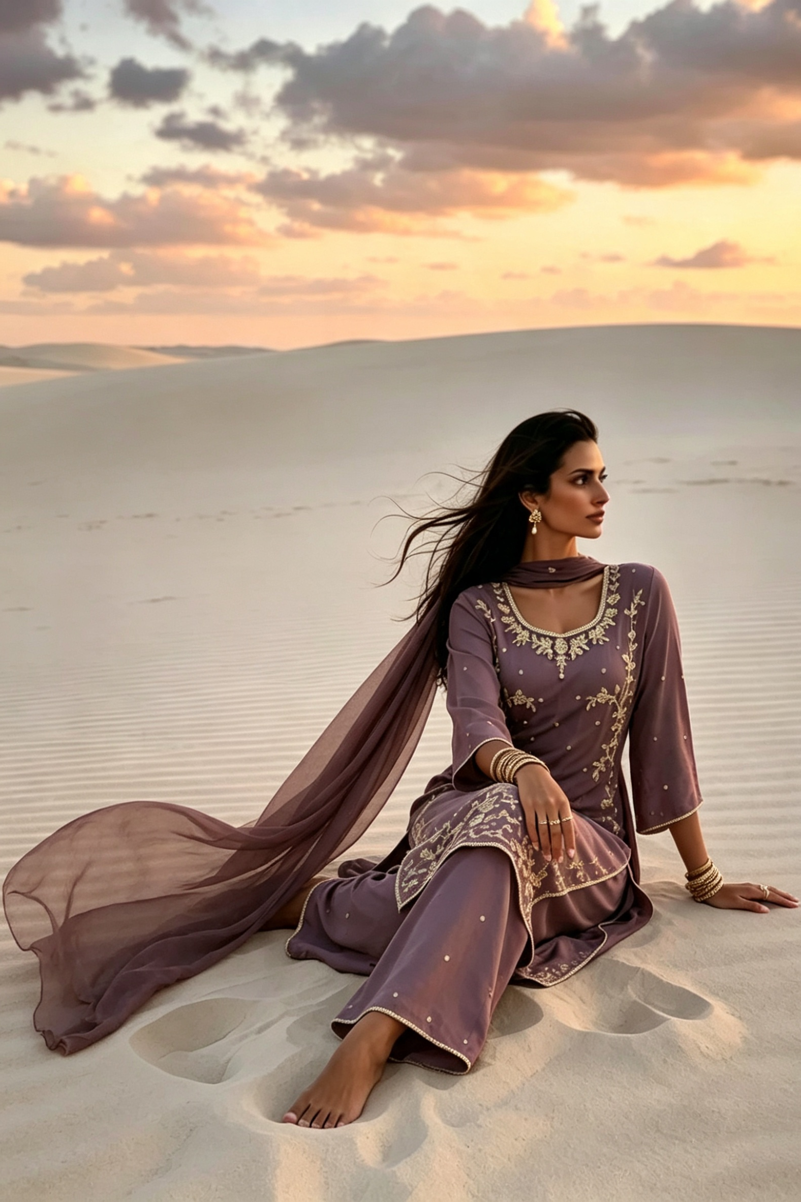 Yusra Mauve Silk Blend Hand embellished  Kurta Palazzo Set dupatta floating 1