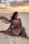 Yusra Mauve Silk Blend Hand embellished  Kurta Palazzo Set dupatta floating 3