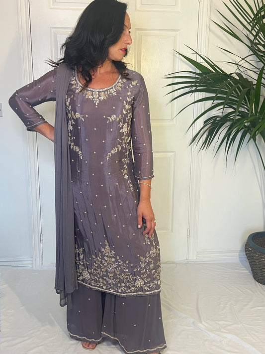 Yusra Mauve Silk Blend Hand embellished  Kurta Palazzo Set front 
