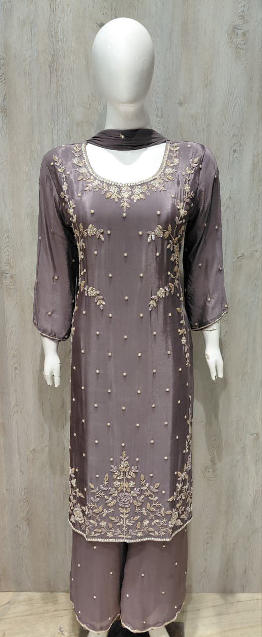 Yusra Mauve Silk Blend Hand embellished   Kurta Palazzo Set mannequin 