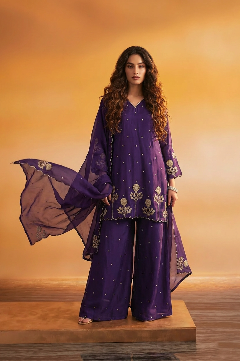 ZARA Purple Silk Blend Embroidered Palazzo Set
