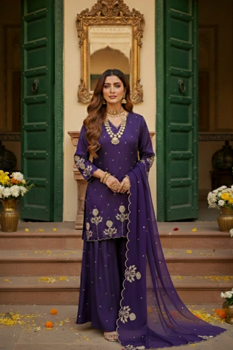 ZARA Purple Silk Blend Embroidered Palazzo Set AI front view 