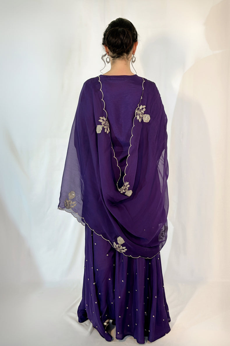 ZARA Purple Silk Blend Embroidered Palazzo Set Back