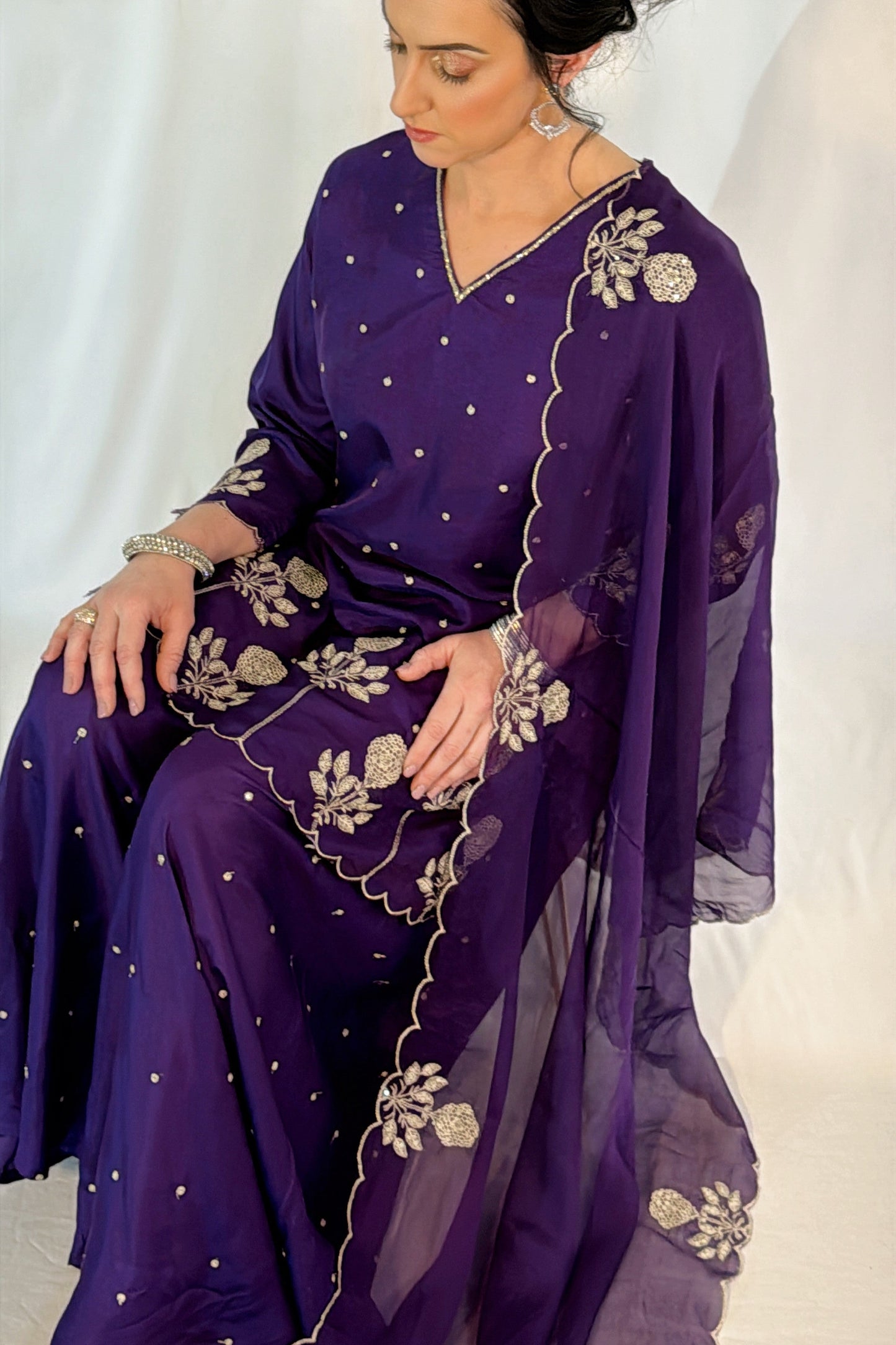 ZARA Purple Silk Blend Embroidered Palazzo Set close up 