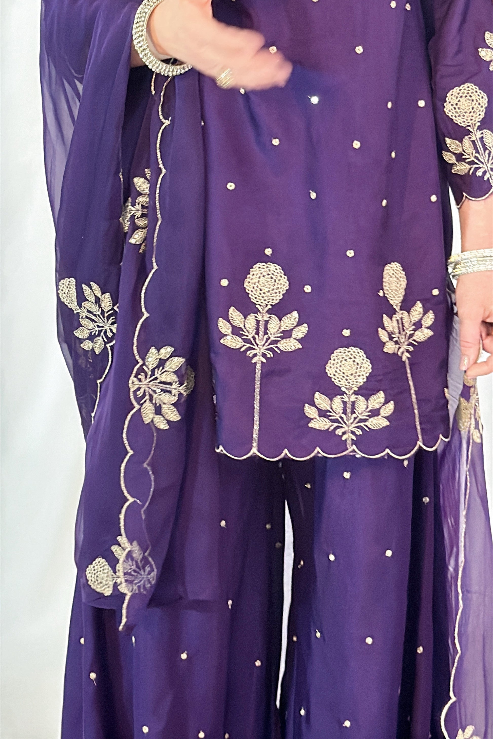 ZARA Purple Silk Blend Embroidered Palazzo Set closeup 