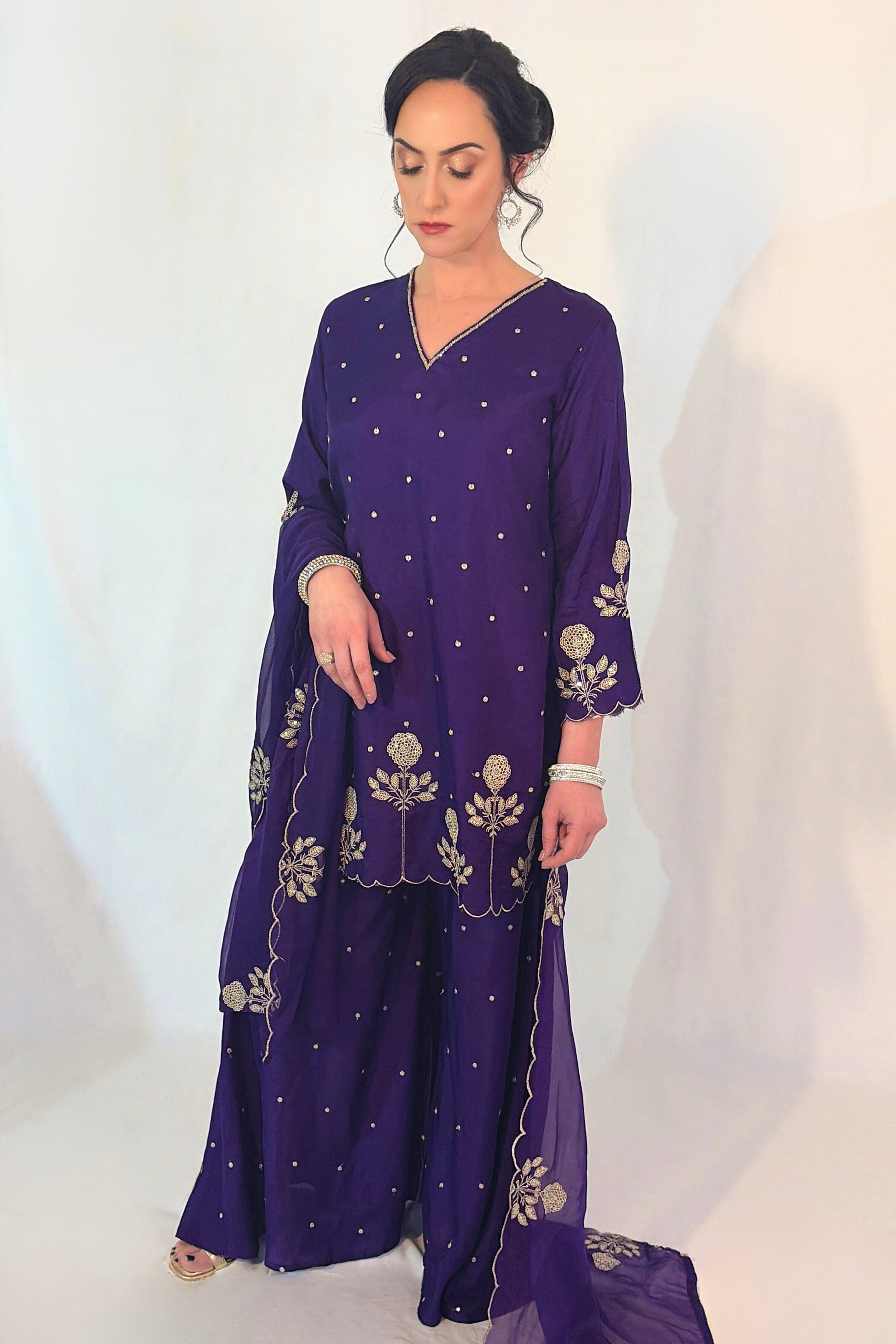 ZARA Purple Silk Blend Embroidered Palazzo Set front view 