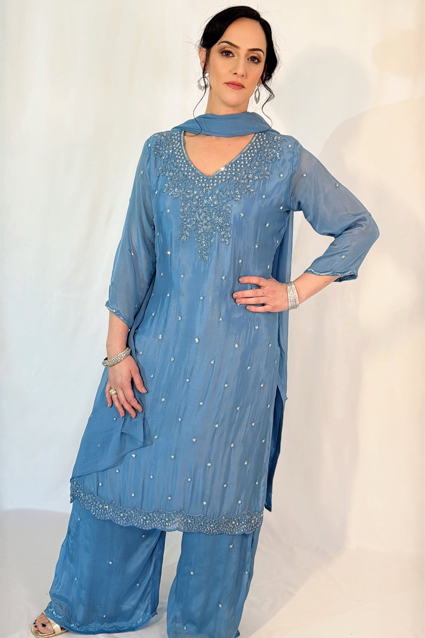 ZOYA Pale Blue Silk Blend Embroidered Kurta Set