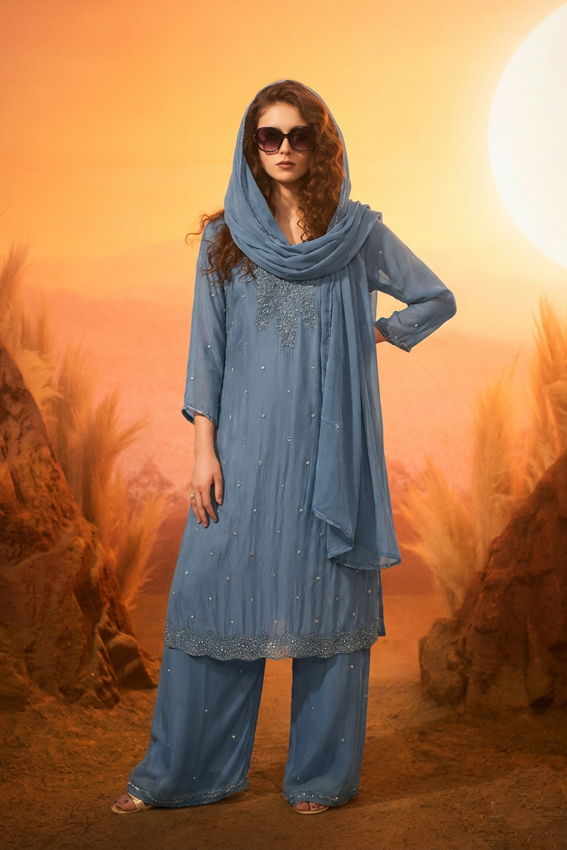 ZOYA Pale Blue Silk Blend Embroidered Kurta Set
