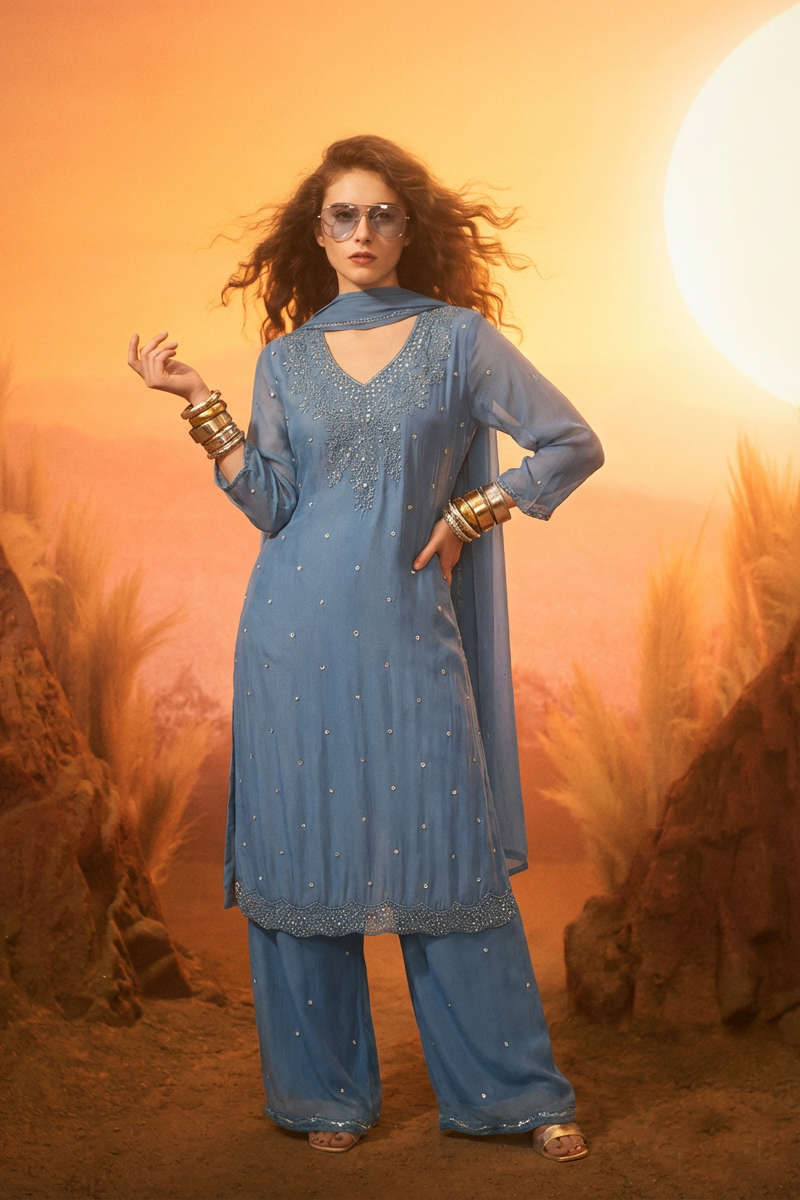 ZOYA Pale Blue Silk Blend Embroidered Kurta Set 2