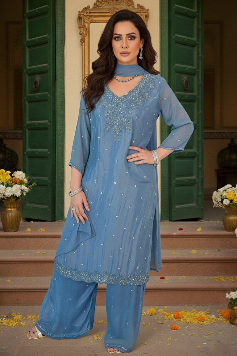 ZOYA Pale Blue Silk Blend Embroidered Kurta Set AI front  palazzo