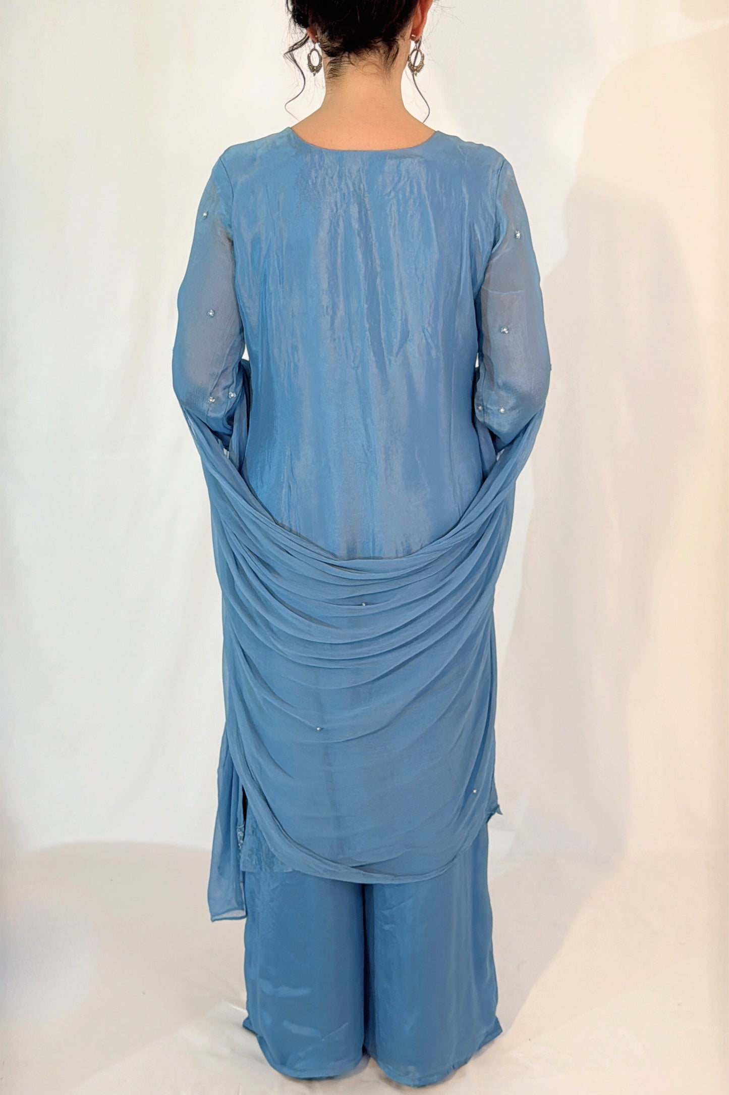 ZOYA Pale Blue Silk Blend Embroidered Kurta Set back 