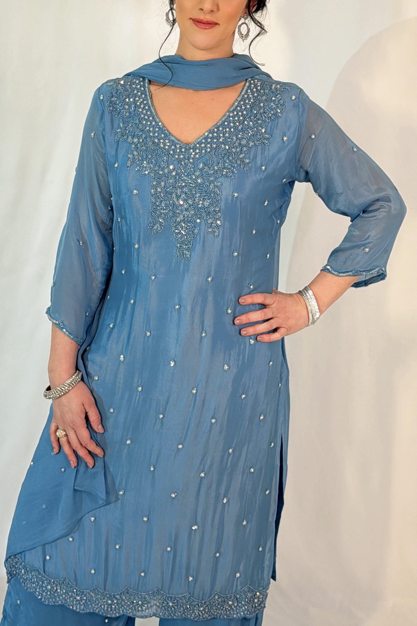 ZOYA Pale Blue Silk Blend Embroidered Kurta Set closeup