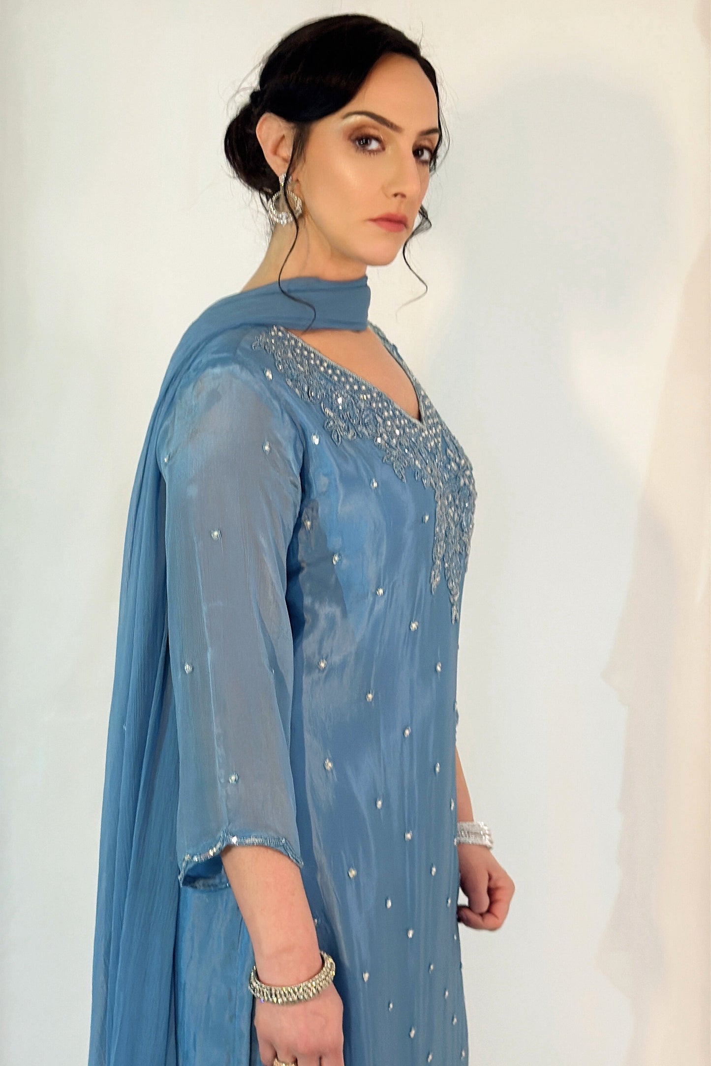ZOYA Pale Blue Silk Blend Embroidered Kurta Set side view 