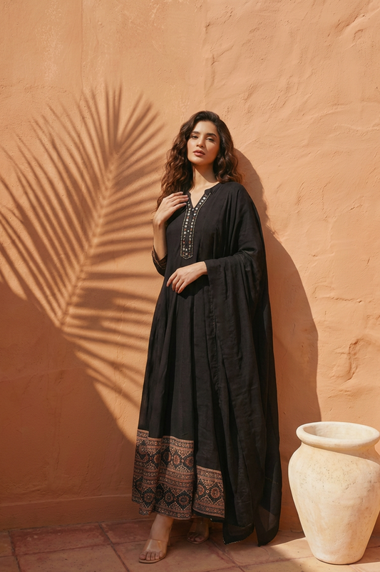 AASMA Black Ethnic Flare Anarkali Dress with Dupatta
