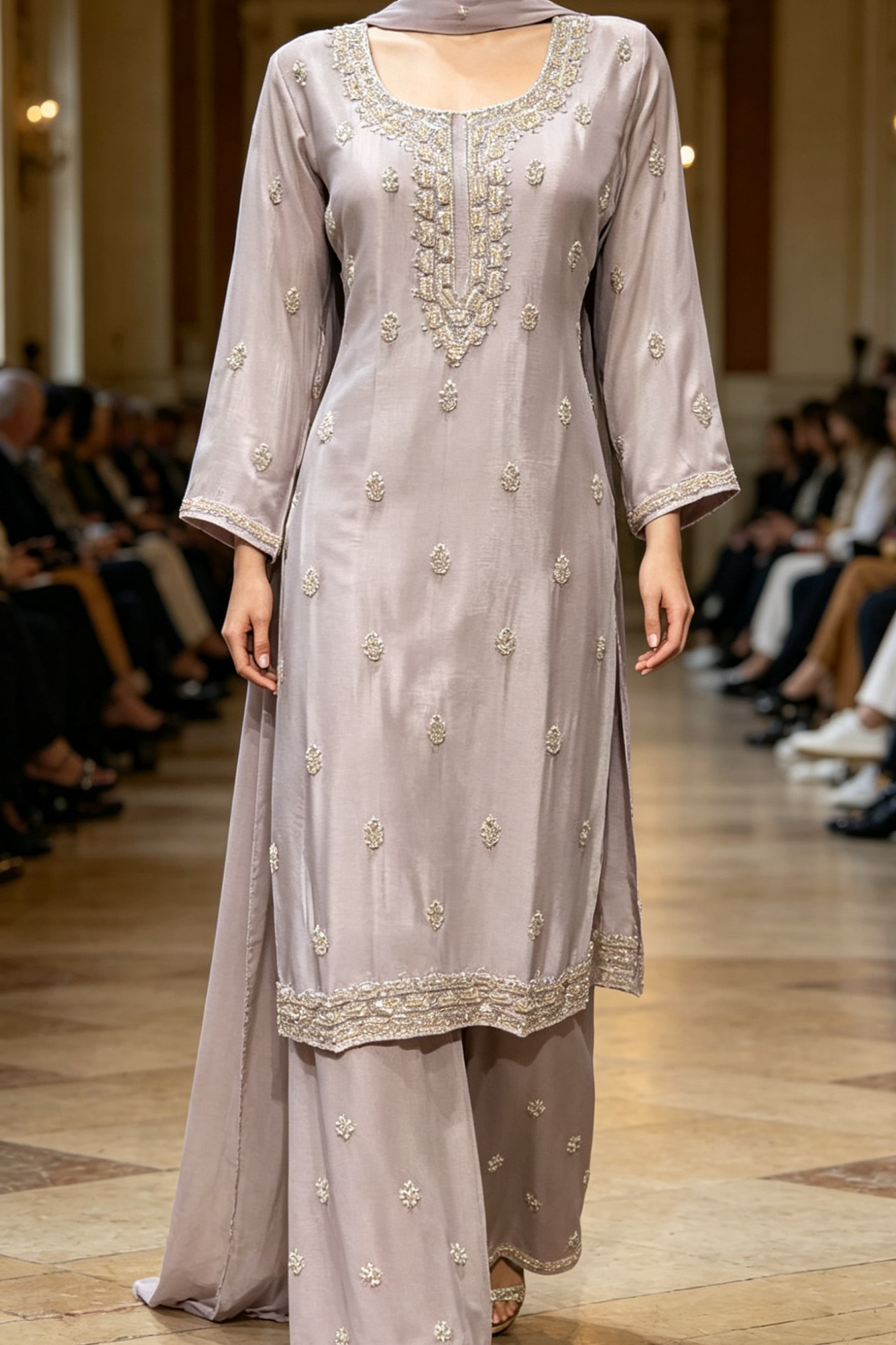 le Dusty Lilac Silk Blend Embroidered Kurta Palazzo Set AI images 2