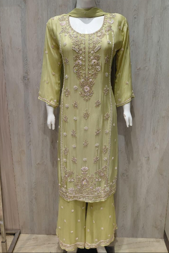 o Green Silk Blend Hand embellished  Kurta Palazzo Set mannequin 