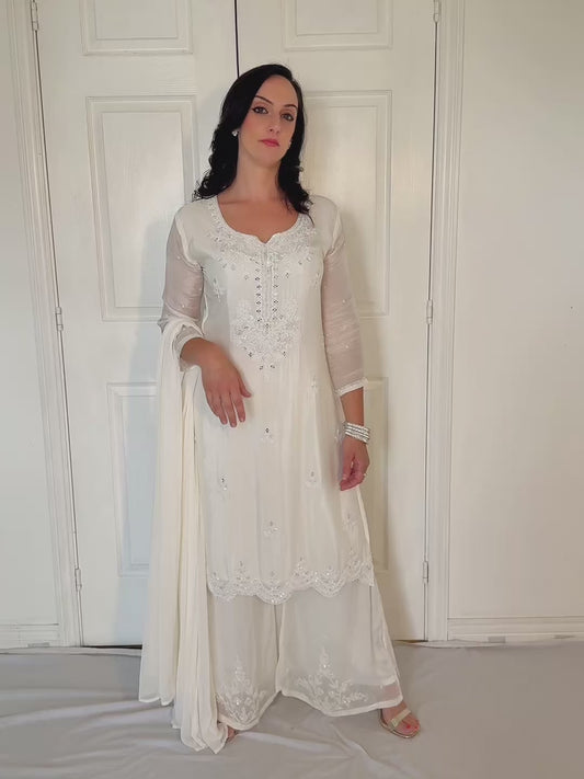 Sheeba White Silk Blend Embroidered Kurta Palazzo Set