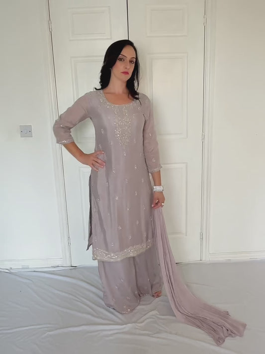 Amele Dusty Lilac Silk Blend Embroidered Kurta Palazzo Set