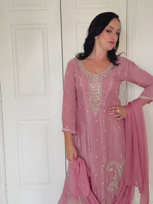 Tara Blush Pink Silk Blend Embroidered Kurta Palazzo Set
