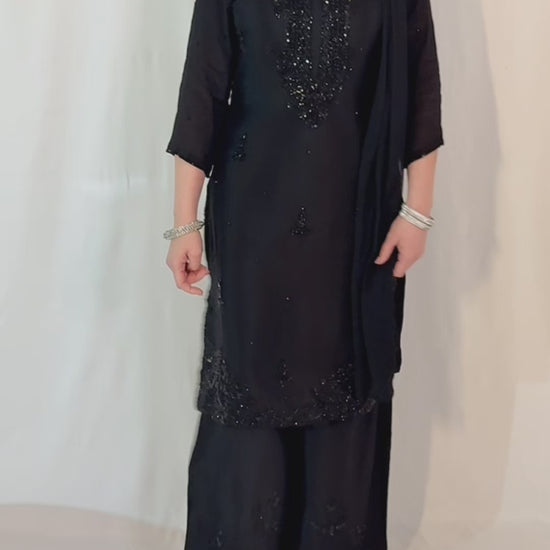 HIBA Black Silk Blend Embroidered Kurta Palazzo Set video 
