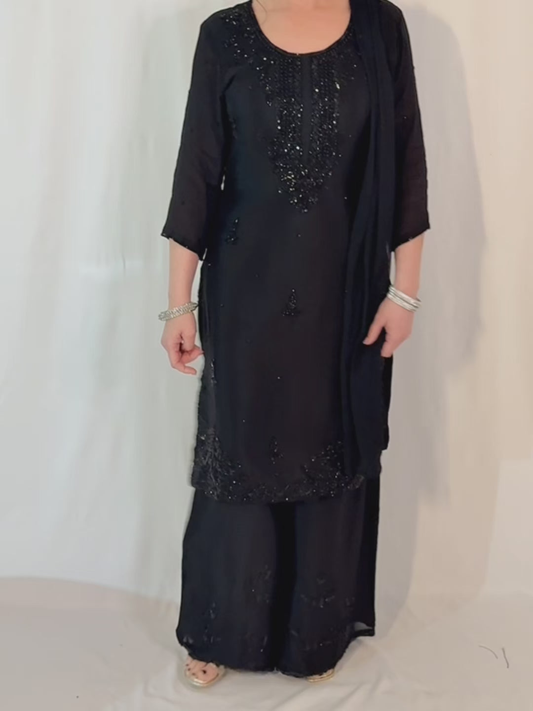 HIBA Black Silk Blend Embroidered Kurta Palazzo Set video 