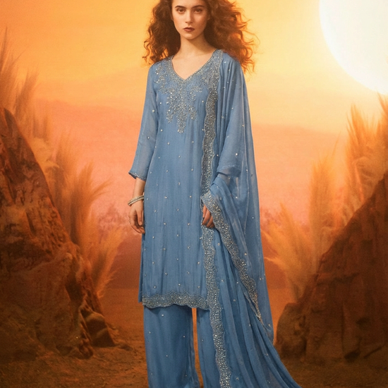 ZOYA Pale Blue Silk Blend Embroidered Kurta Set video 