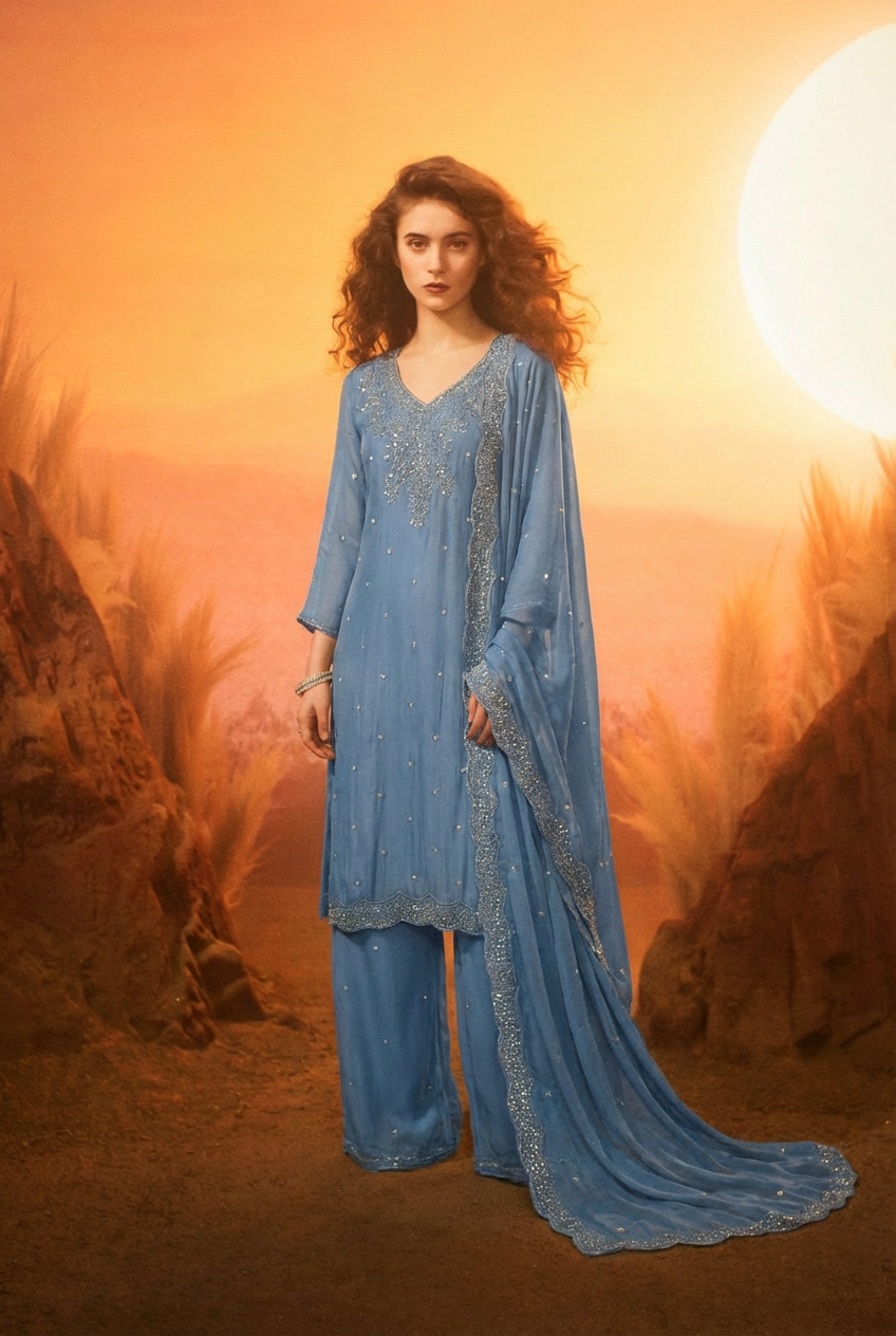 ZOYA Pale Blue Silk Blend Embroidered Kurta Set video 