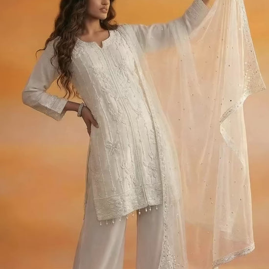 NINA  White Embroidered Kurta Palazzo Suit Set video 