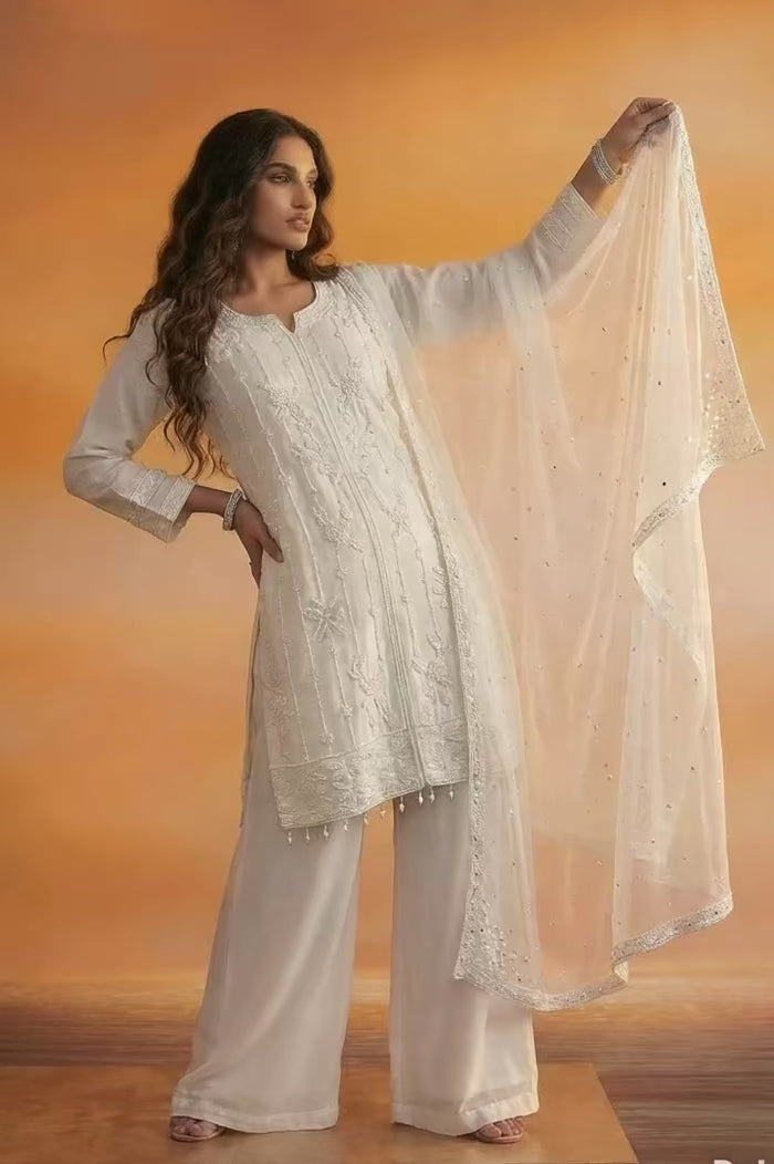 NINA  White Embroidered Kurta Palazzo Suit Set video 