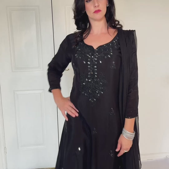 Sheeba black Silk Blend Embroidered Kurta Palazzo Set video 