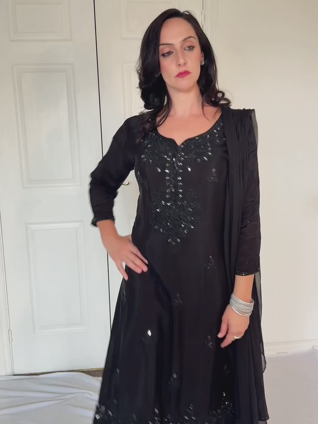 Sheeba black Silk Blend Embroidered Kurta Palazzo Set video 