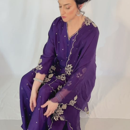 ZARA Purple Silk Blend Embroidered Palazzo Set VIDEO 