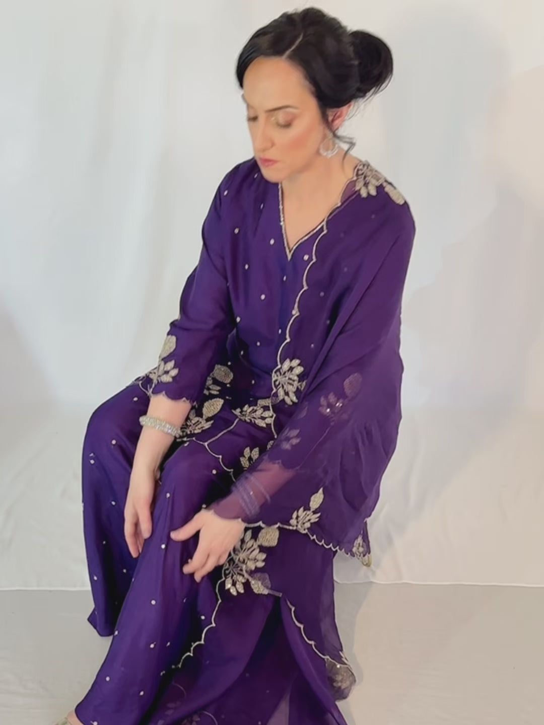 ZARA Purple Silk Blend Embroidered Palazzo Set VIDEO 