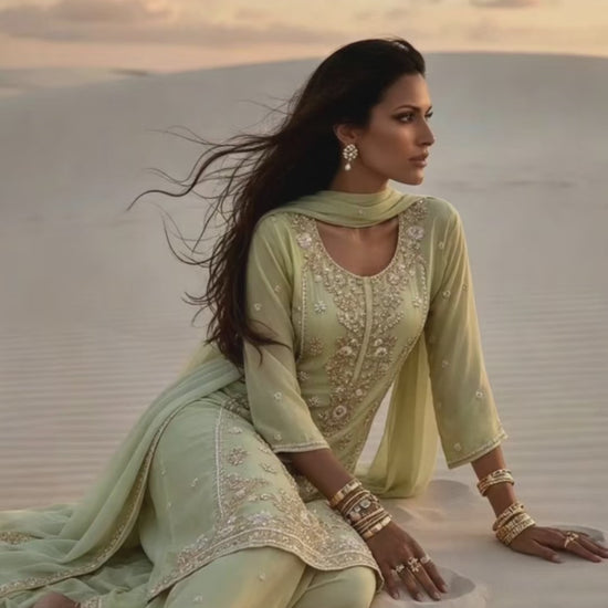 Diya Pistachio Green Silk Blend Hand embellished  Kurta Palazzo Set  video 